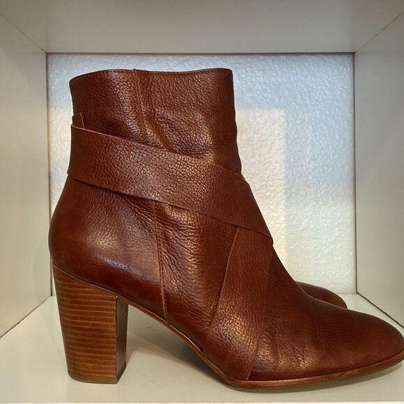 Kate Spade Womens Ankle Booties Brown Leather Zip Block Heeled Criss Cross - Picture 1 of 14